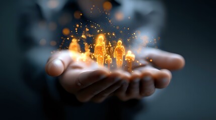 Male hand holding glowing golden silhouettes of people with sparkles and light effects against dark background, representing human resources and talent management concept.