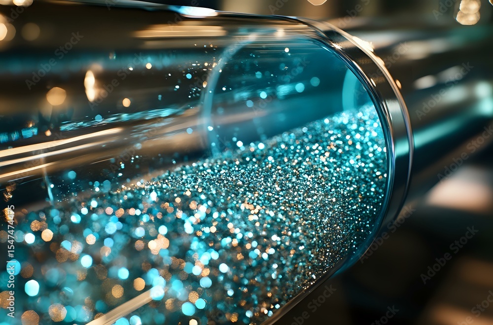 Poster glowing turquoise particles floating in glass tube with blurred bokeh effect create magical scientif