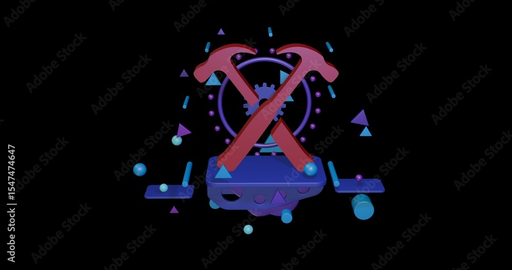 Aufkleber red crossed hammers symbol on a pedestal of abstract geometric shapes floating in the air. abstract 