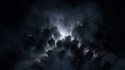 Naklejka premium Aerial View of Modern Cityscape at Night with Fog and Bright Lights