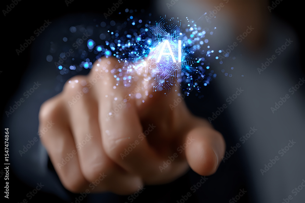 Poster finger touching glowing ai text with blue digital particles and light effects on dark background, re