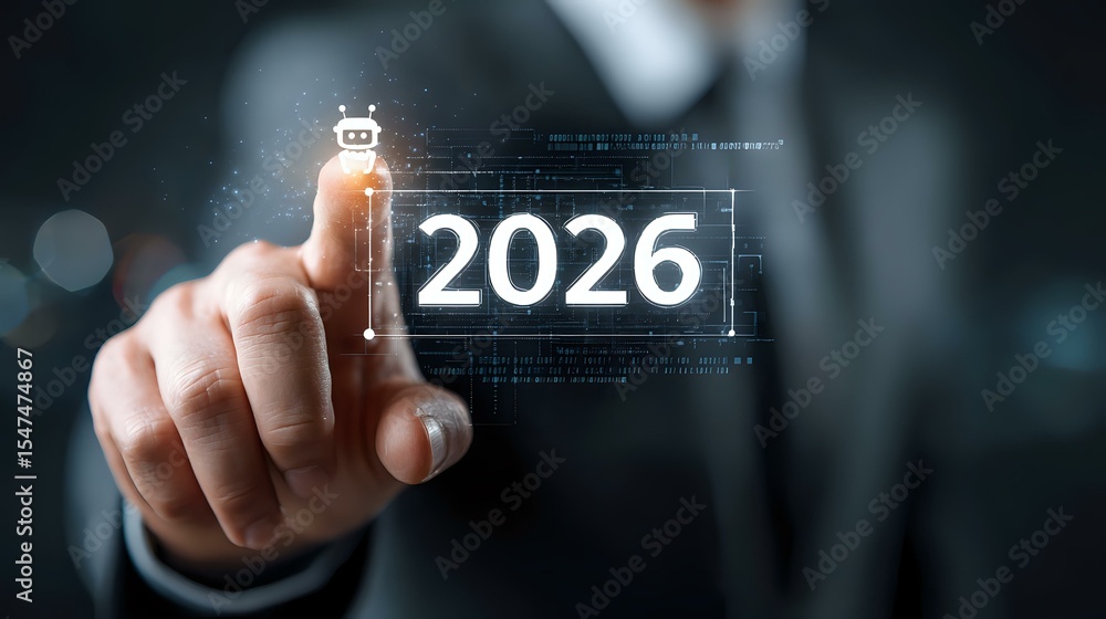 Poster male hand touching glowing 2026 number with futuristic interface and robot icon. digital transformat
