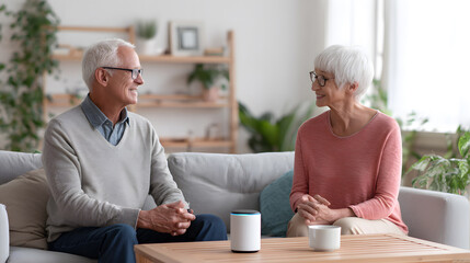 Older man and woman talking and smiling while using a smart device at home. Emphasizes ease of tech use for seniors.
