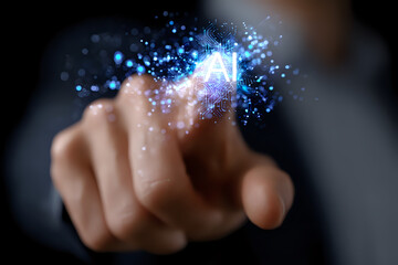 Finger touching glowing AI text with blue digital particles and light effects on dark background, representing artificial intelligence technology.