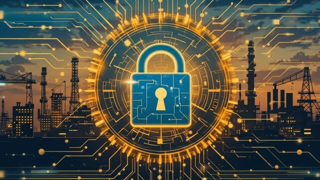 Strong cybersecurity, protecting industrial data from unauthorized access. Lock icon, factory silhouette in cityscape. Digital security, data privacy, network protection. 4k video