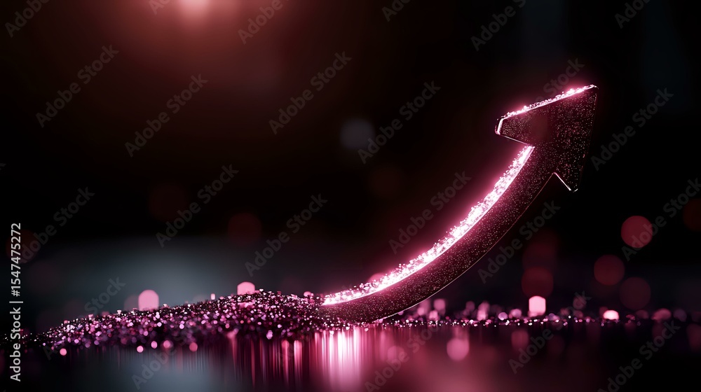 Poster glowing pink arrow rises upward against dark background with scattered luminous particles and bokeh 