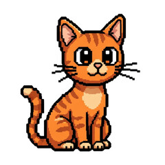 Adorable pixel art orange tabby cat with large eyes and striped tail transparent PNG