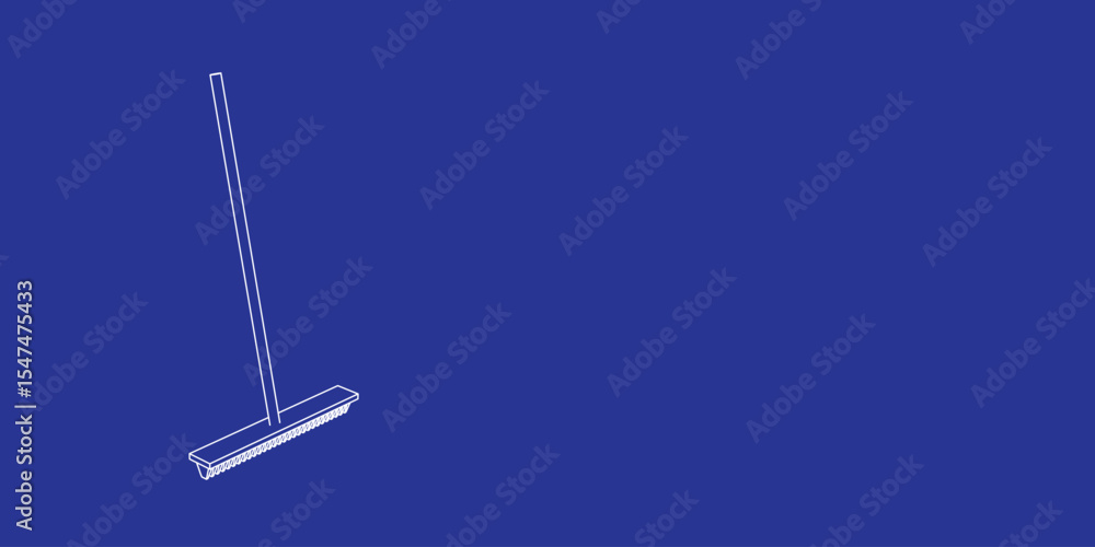Poster the outline of a large rake symbol made of white lines on the left. 3d view of the object in perspec