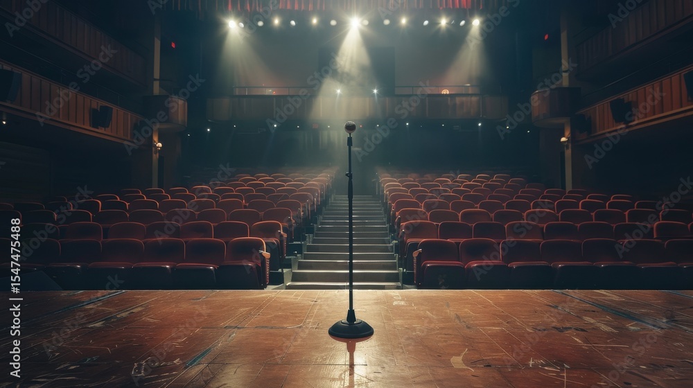 Poster stunning photo of empty stage with a single microphone stand at the center, spotlight shining down, 