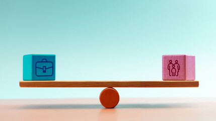 Blocks with work and family icons balanced on seesaw, symbolizing work life balance, prioritizing well-being between career and personal life