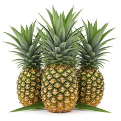 Fototapeta premium Three fresh whole pineapple with green leaves on a white background. Delicious tropical fruit for healthy food concept.