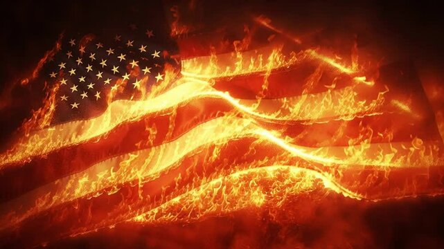 Burning Glory: A poignant depiction of the American flag engulfed in flames, symbolizing themes of turmoil, conflict, and resilience in a patriotic context.