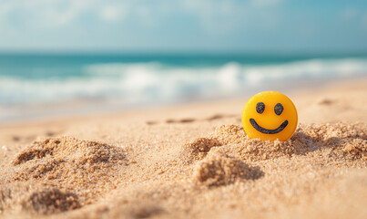 Obraz premium A smiley face drawn in the sand on a sunny beach – the concept of summer happiness. Background for topics related to vacation, mental health, optimism, and leisure. 