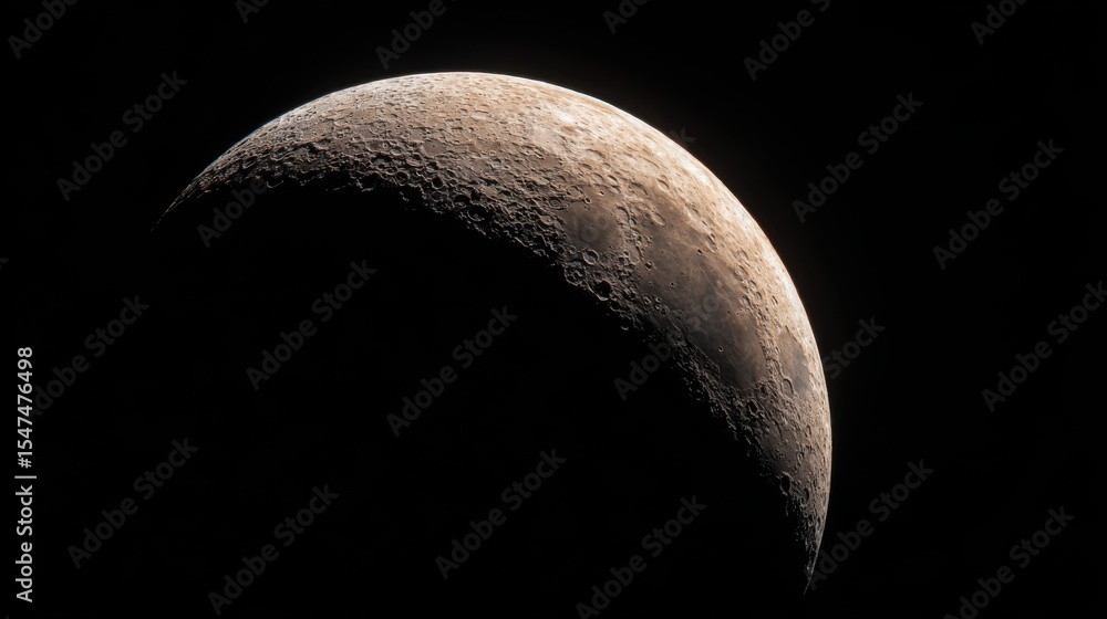 Poster stunning photo of crescent of a young moon with a large increase. moon, view through a telescope. th