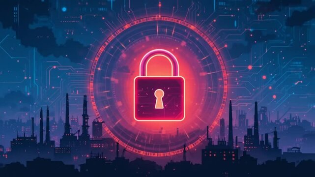 Strong cybersecurity, protecting industrial data from unauthorized access. Lock icon, factory silhouette in cityscape. Digital security, data privacy, network protection. 4k video