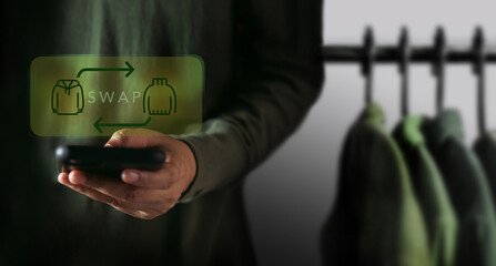 Sustainable fashion through sharing, emphasizing eco-conscious lifestyle habits .Clothing exchange Swap app empowering circular economy