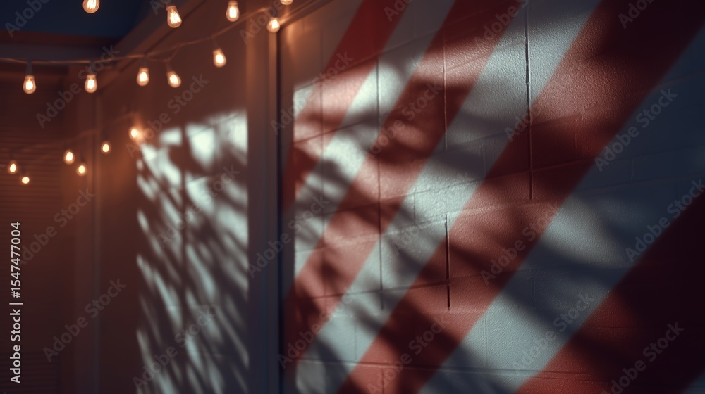 Poster soft shadows cast by lights against a red and white striped wall in an evening setting creating a co