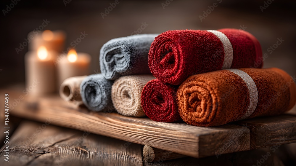 Poster a cozy and inviting image showcasing a stack of soft rolled towels in warm hues like red brown and g