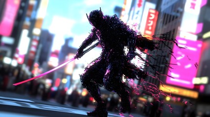 Cyberpunk Samurai in Neon City, ninja, warrior, sword, katana, urban