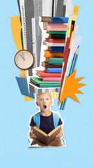 Naklejka na ściany i meble Young boy reads with awe as books, pencils, clock, and graphic shapes explode upward in creative learning collage, visualizing academic overload, discovery in school life. Concept of childhood