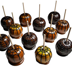 A group of caramel apples decorated with chocolate webs on sticks against a black background