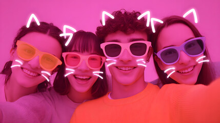 Diverse group of young people taking a selfie with fun cat ear filters and neon sunglasses, expressing digital youth culture and augmented reality fun