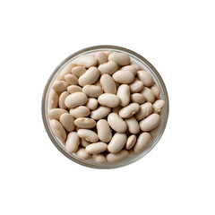 Overhead view of a clear bowl filled with white beans against a black background in sharp focus