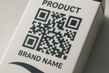 QR code on product packaging box. Close-up of printed label with brand name for scanning, marketing, and branding design