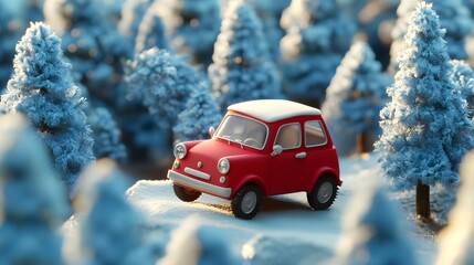 Red Retro Car in Snowy Winter Forest, red car, vintage car, classic car, toy car, miniature car