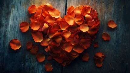 Heart Shaped Rose Petals on Wooden Background, love, romance, Valentine's Day, romantic, affection