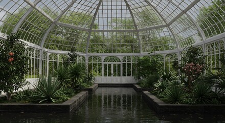 Greenhouse sanctuary lush plants surround still water