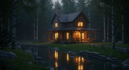 Lit cabin nestled beside reflective stream