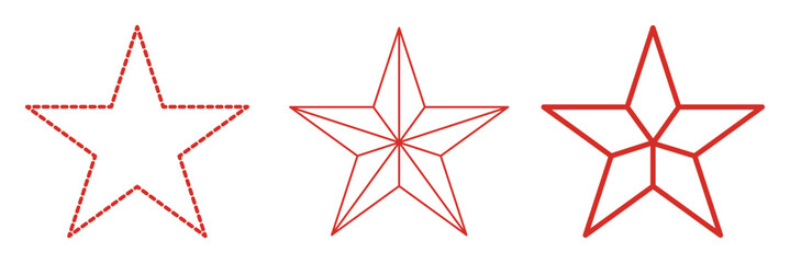 Lone star icon set. Dashed and lone thine line three star icon set. Sharp edges and bold outline in minimalistic design. For graphic design projects, digital illustration. 