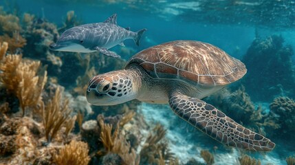 Obraz premium Underwater scene featuring sea turtle and dolphin swimming above the coral reef