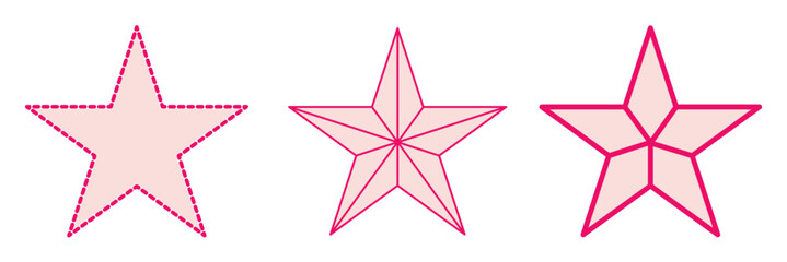 Lone star icon set. Dashed and lone thine line three star icon set. Sharp edges and bold outline in minimalistic design. For graphic design projects, digital illustration. 