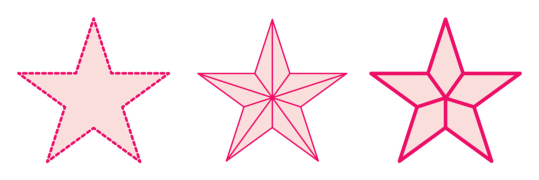 Lone star icon set. Dashed and lone thine line three star icon set. Sharp edges and bold outline in minimalistic design. For graphic design projects, digital illustration. 