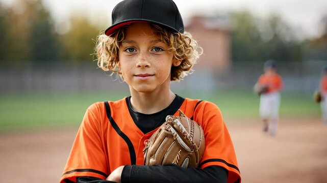 Determined young baseball player standing confidently on field with teammates in background