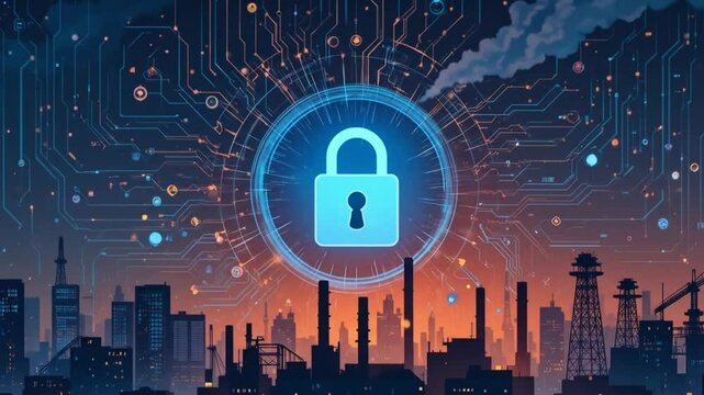 Strong cybersecurity, protecting industrial data from unauthorized access. Lock icon, factory silhouette in cityscape. Digital security, data privacy, network protection. 4k video
