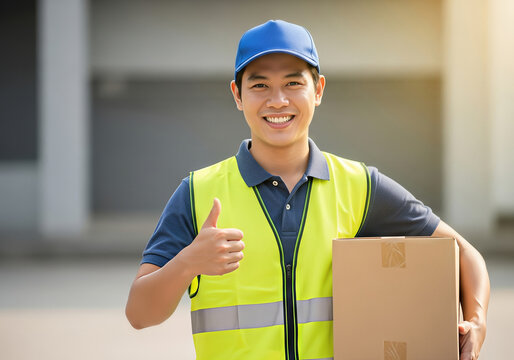 Smiling delivery worker in high-visibility vest holding package outdoors