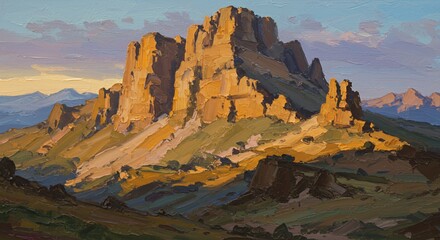 Golden Hour Majesty: Impasto Landscape of Dramatic Mountain Peaks