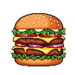 Pixel art double cheeseburger with lettuce, tomato, and onion layers transparent PNG