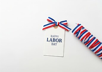 Fototapeta premium Happy labor day card with red, white, and blue ribbon on white background