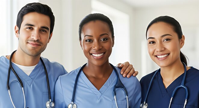 Diverse medical team smiling in hospital: three nurses with stethoscopes in scrubs - Powered by Adobe