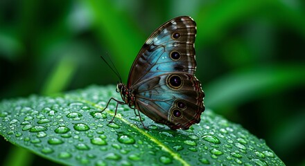 Winged wonder drinks from a dewy leaf