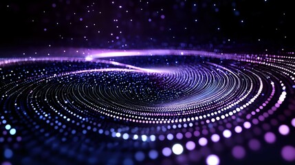 Obraz premium Glowing spiral pattern of luminous dots and lines creating dynamic wave effect in dark space with purple and blue light trails for technology backgrounds.