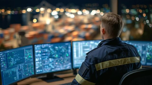 Customs data dashboard glows in low light as officer monitors cargo weights and dimensions, silhouettes of containers outside office