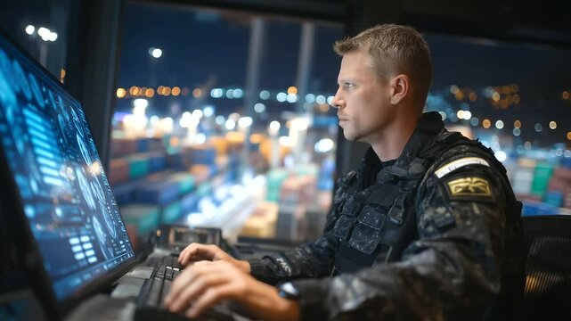 Customs officer analyzes digital cargo manifest on sleek touchscreen monitor, neon-lit containers visible through reinforced glass window