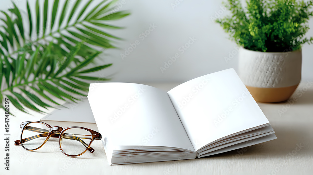 Poster open blank notebook with reading glasses on white desk, decorative palm leaf and potted plant in bac