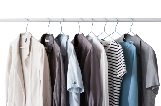Collection of stylish clothes hanging on clothes hanger isolated in transparent PNG, Clothing rack - isolated design element, Minimalist fashion blog.