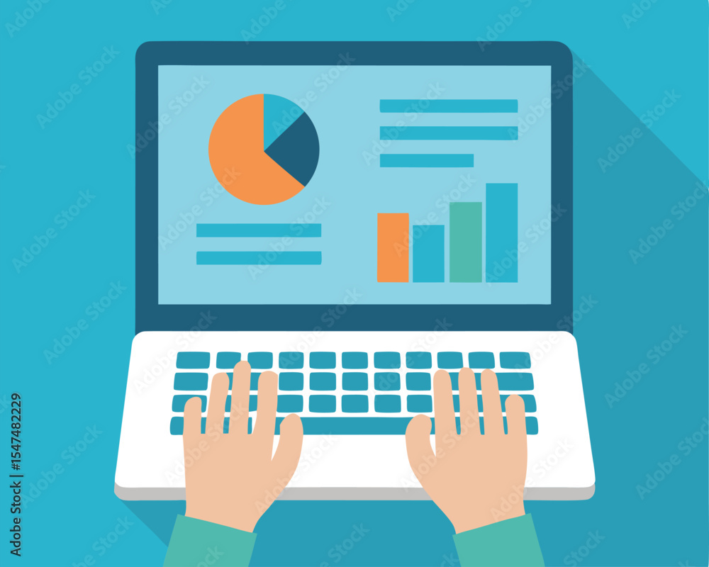 Poster person analyzing business statistics on a laptop computer with charts and diagrams shown.